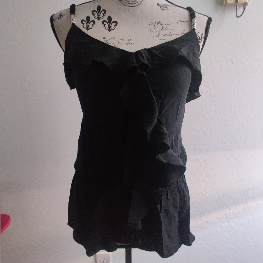 🆕 WHBM Braided straps 100% Silk Ruffle peplum v-neck Tank top (XXS)